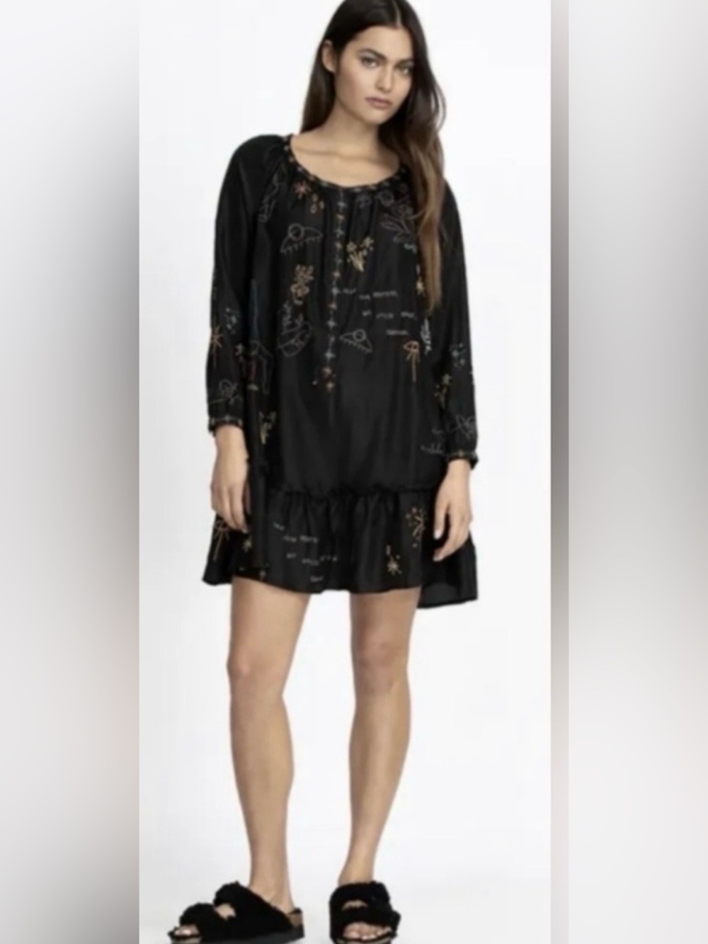 Johnny Was Embroidered Black Silk Long-Sleeve Boho Dress Size L - Picture 8 of 8
